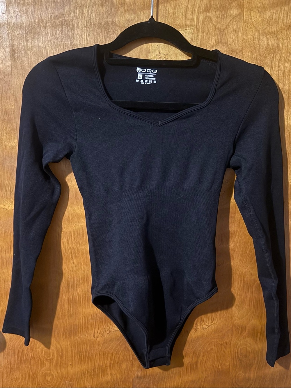 OQQ Black Long Sleeve Square Neck Seamless Bodysuit Size Small